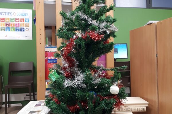 sapin de Noël au CDI à l'ensemble scolaire notre dame du vieux cours