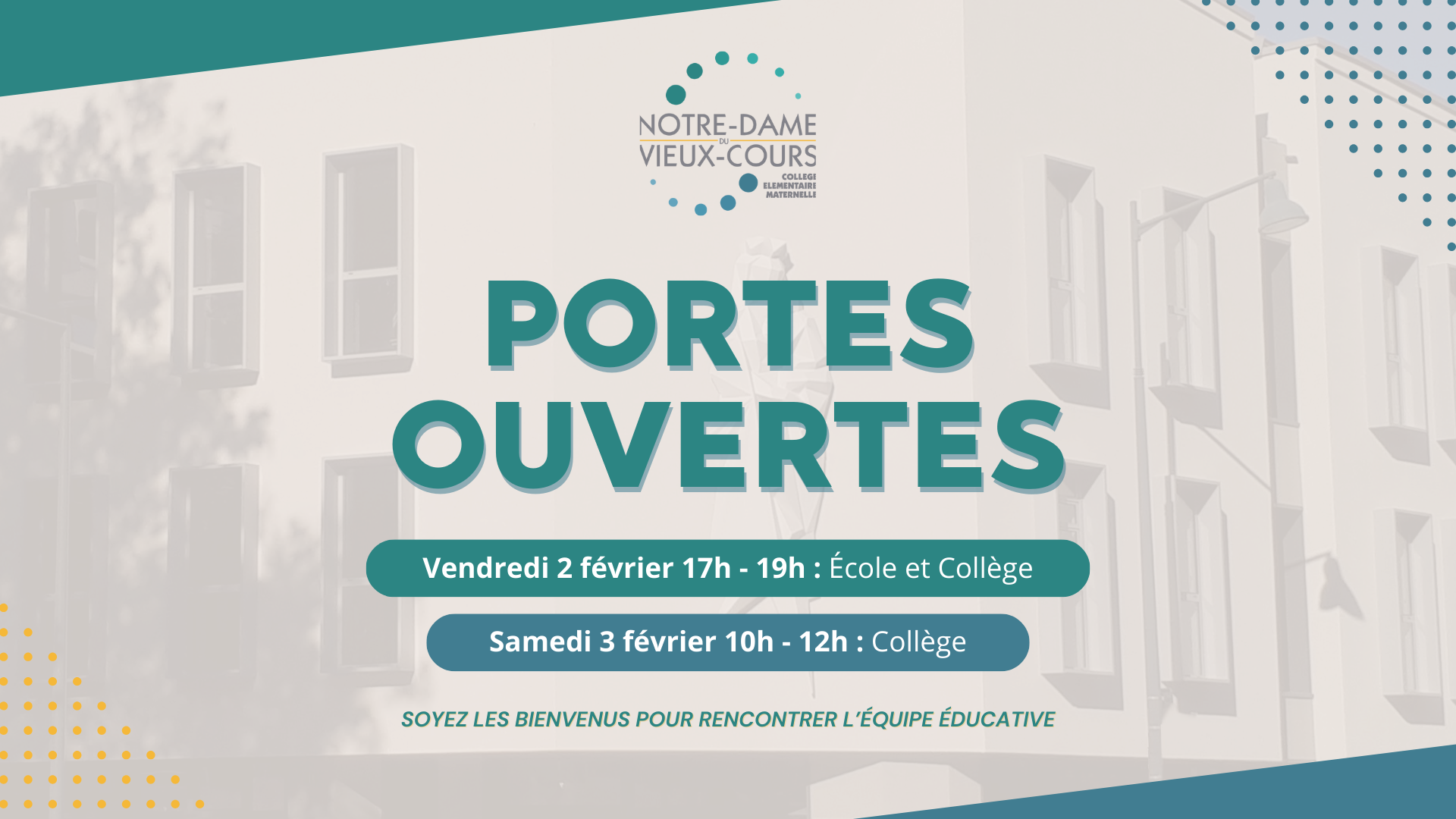 Annonce des portes ouvertes de l'ensemble scolairen notre-dame du vieux cours qui aura lieu le 2 et 3 février 2024