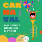 Le 13 février, c'est mardi gras. À partir de 16h30, rejoignez-nous dans la salle du réfectoire pour une fête carnavalesque ! 🤹‍♀️
Au programme :
🥞 Délices sucrés avec les crêpes et gâteaux vendus par les CM.
🍹 Rafraîchissements et friandises pour ravir les papilles.
🎨 Ateliers ludiques et jeux pour toute la famille.
💄 Maquillages, masques, et costumes.
🎶 Ambiance musicale.
Venez nombreux partager ce moment de convivialité ! 🎉🎭